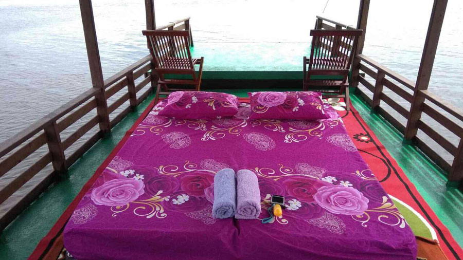 The up deck of the klotok is designed to relax while watch the wildlife by the river